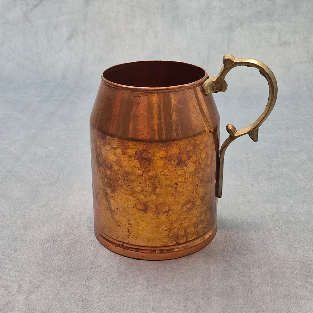 Large 7” Vintage Hammered Copper Pitcher Pot With Brass Handle
